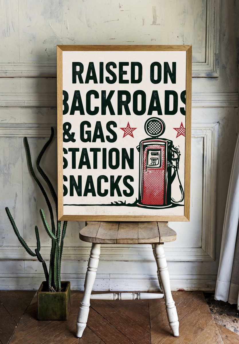 Raised on Backroads Gas Station Poster. room preview