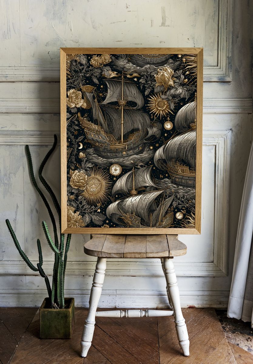 Celestial Sailing Ships Vintage Print. — room view 1