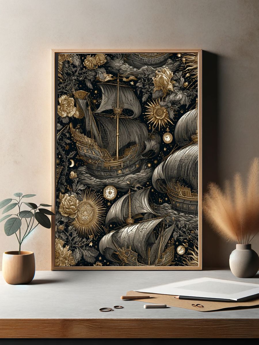 Celestial Sailing Ships Vintage Print. — room view 2