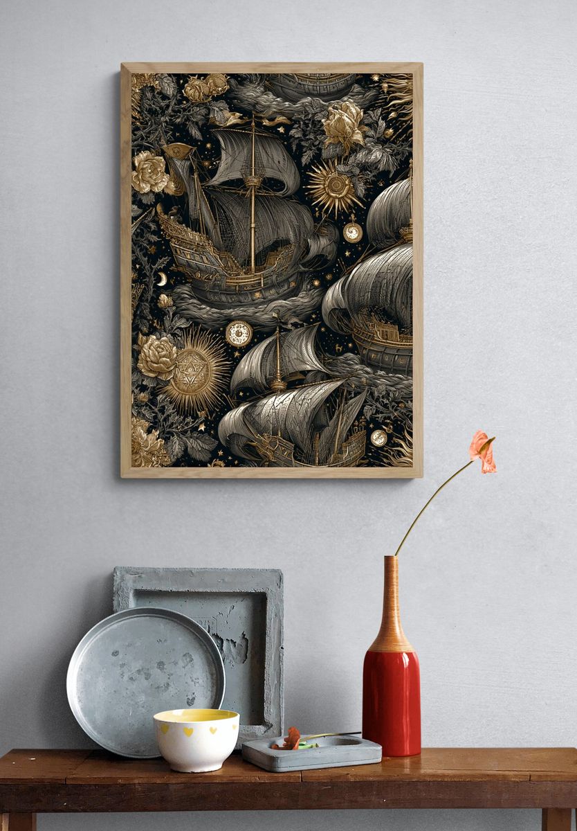 Celestial Sailing Ships Vintage Print. — room view 3