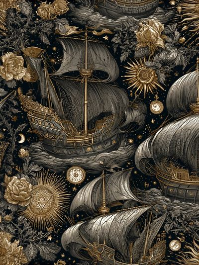 Celestial Sailing Ships Vintage Print.