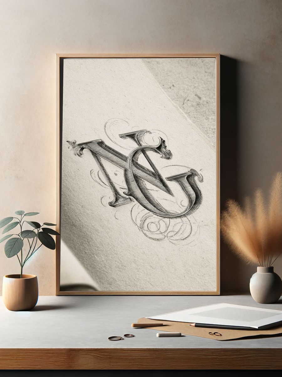 Ornate Monogram Sketch Poster. — room view 2