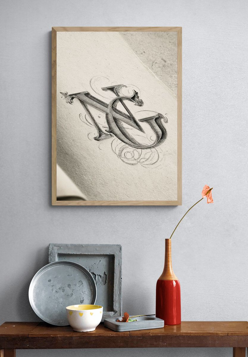 Ornate Monogram Sketch Poster. — room view 3