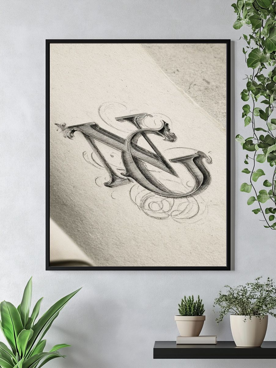 Ornate Monogram Sketch Poster. — room view 4