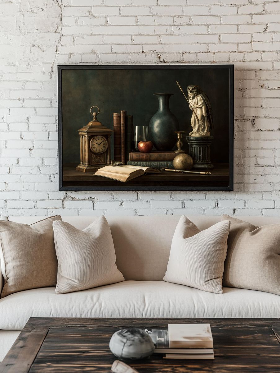 Owl Still Life Vintage Print. room preview