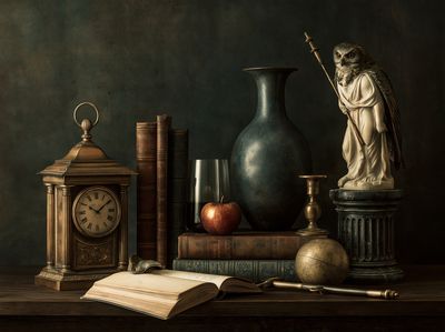 Owl Still Life Vintage Print.