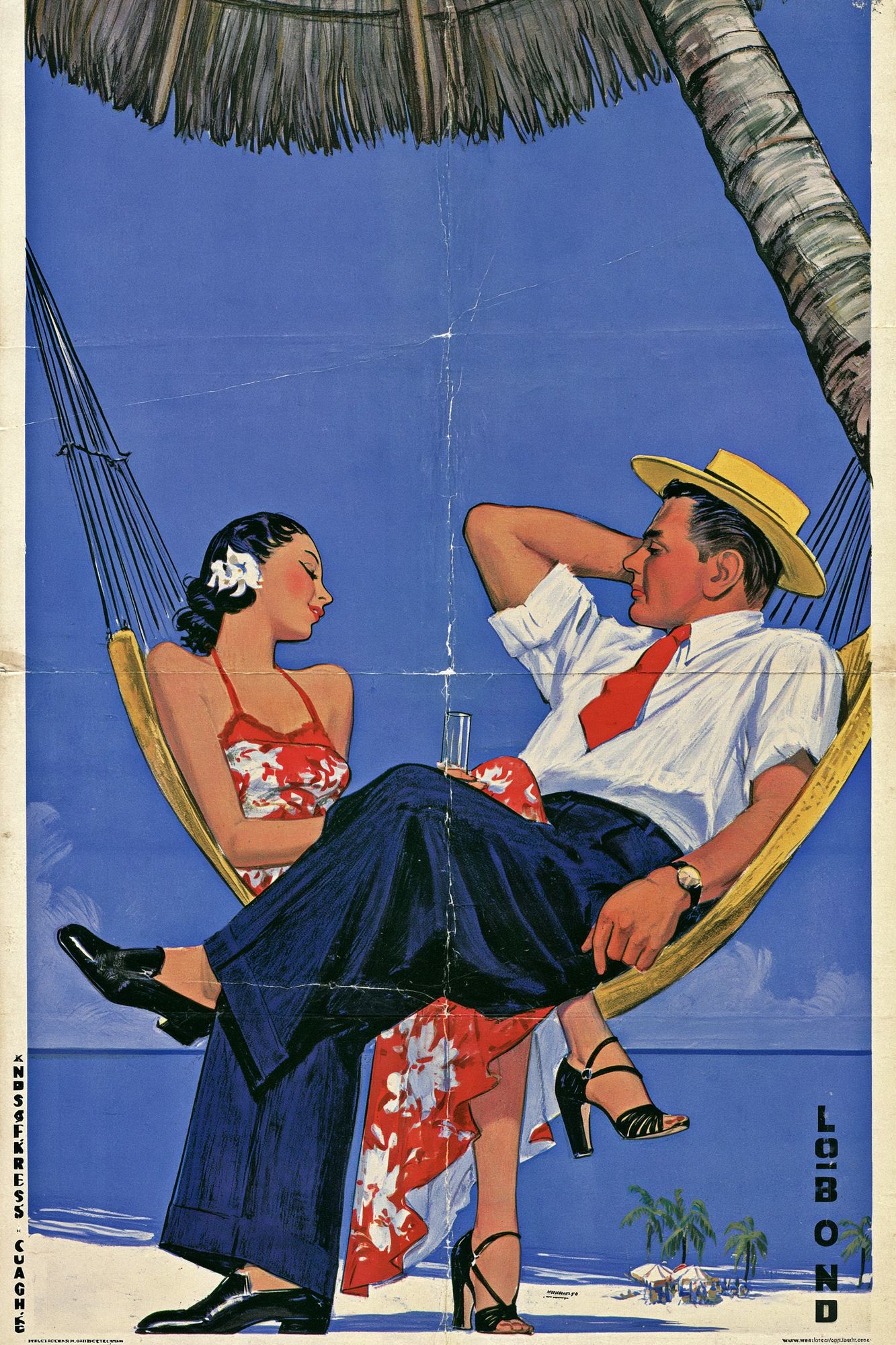 Tropical Couple Hammock Vintage Poster. poster detail