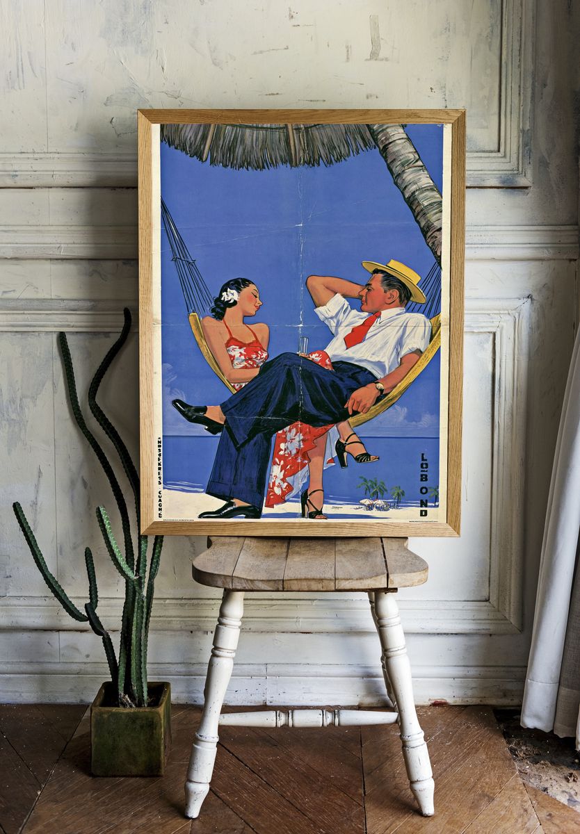 Tropical Couple Hammock Vintage Poster. room preview
