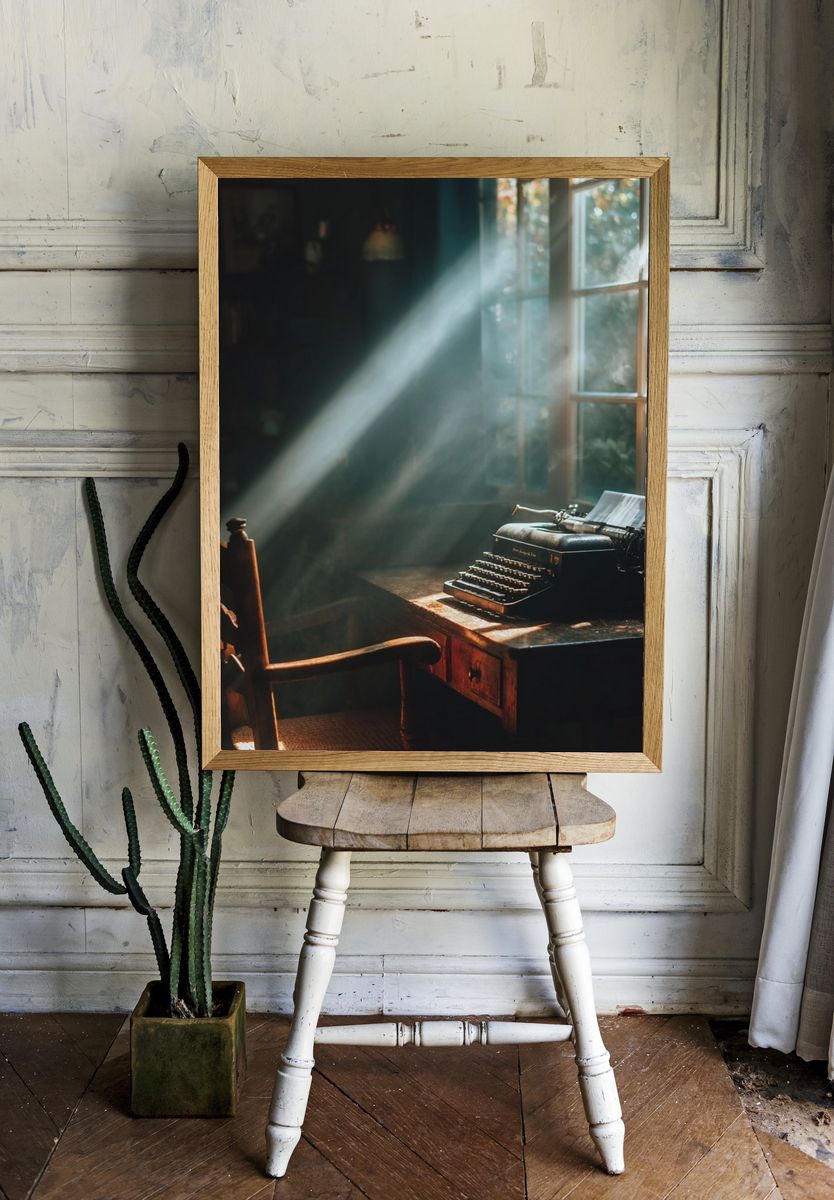 Vintage Typewriter Sunlit Study Poster. room preview
