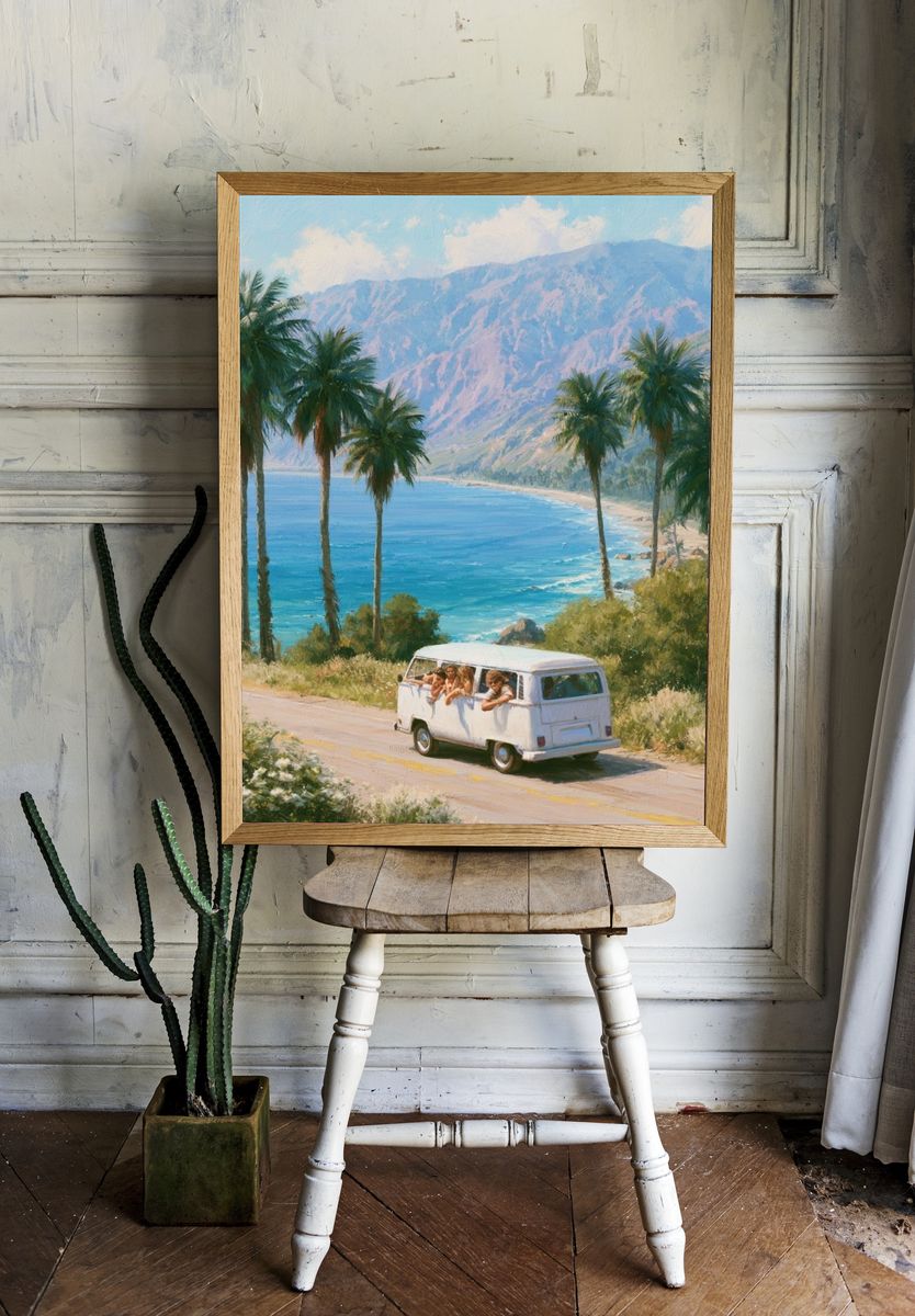 Coastal Van Escape Vintage Poster. room preview