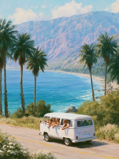 Coastal Van Escape Vintage Poster.
