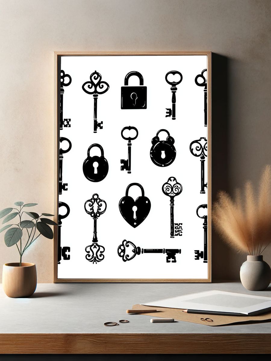 Vintage Keys and Locks Print. — room view 2