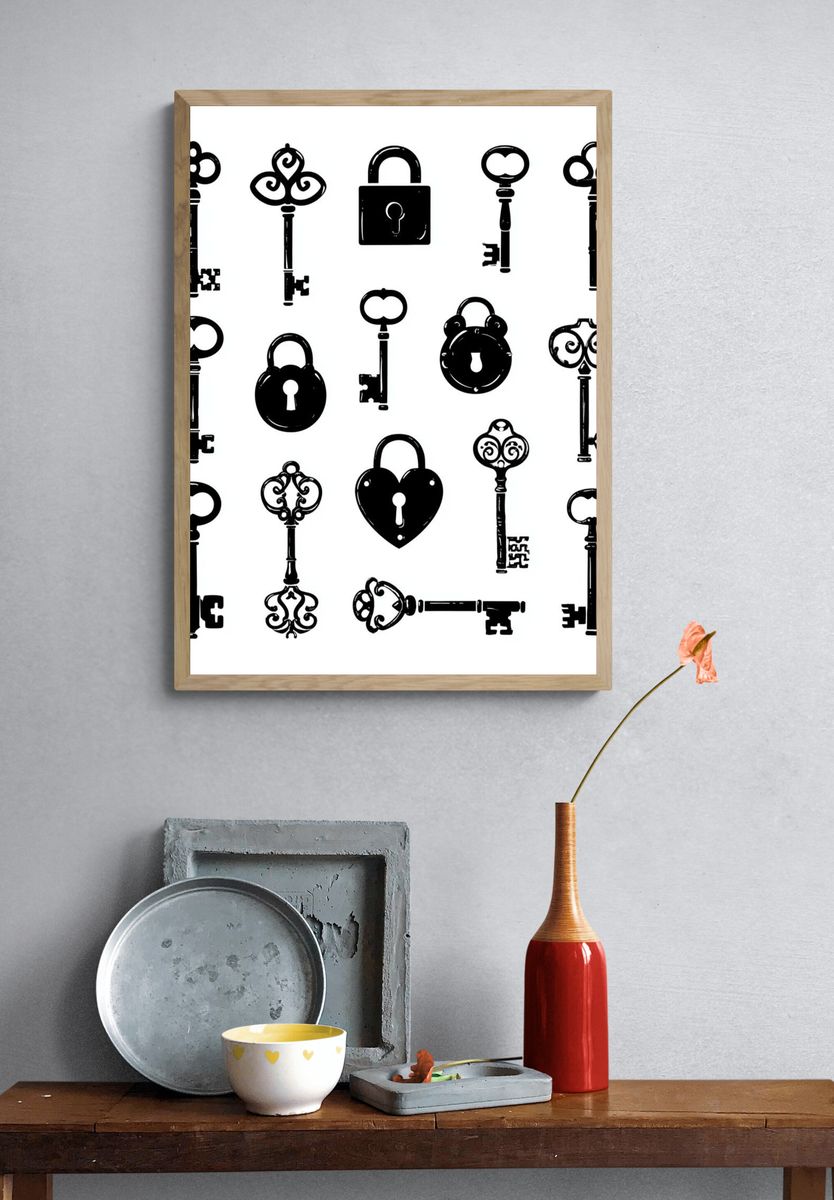 Vintage Keys and Locks Print. — room view 3