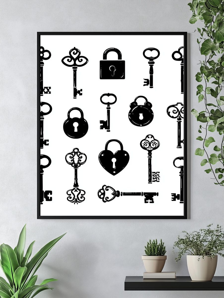 Vintage Keys and Locks Print. — room view 4