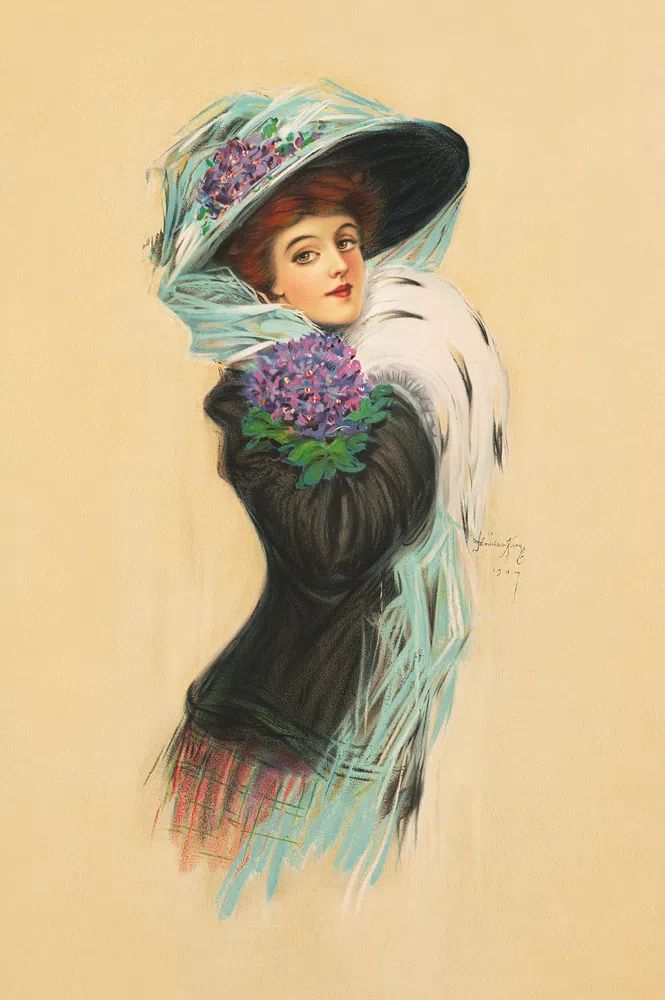 Vintage Lady with Flowers — Art-Nouveau Print. poster — vintage art