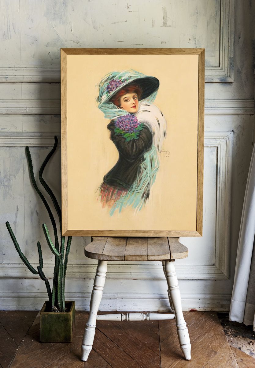 Vintage Lady with Flowers — Art-Nouveau Print room preview