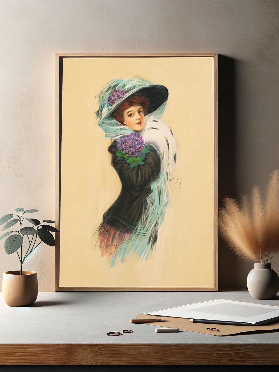 Vintage Lady with Flowers — Art-Nouveau Print. — room view 2