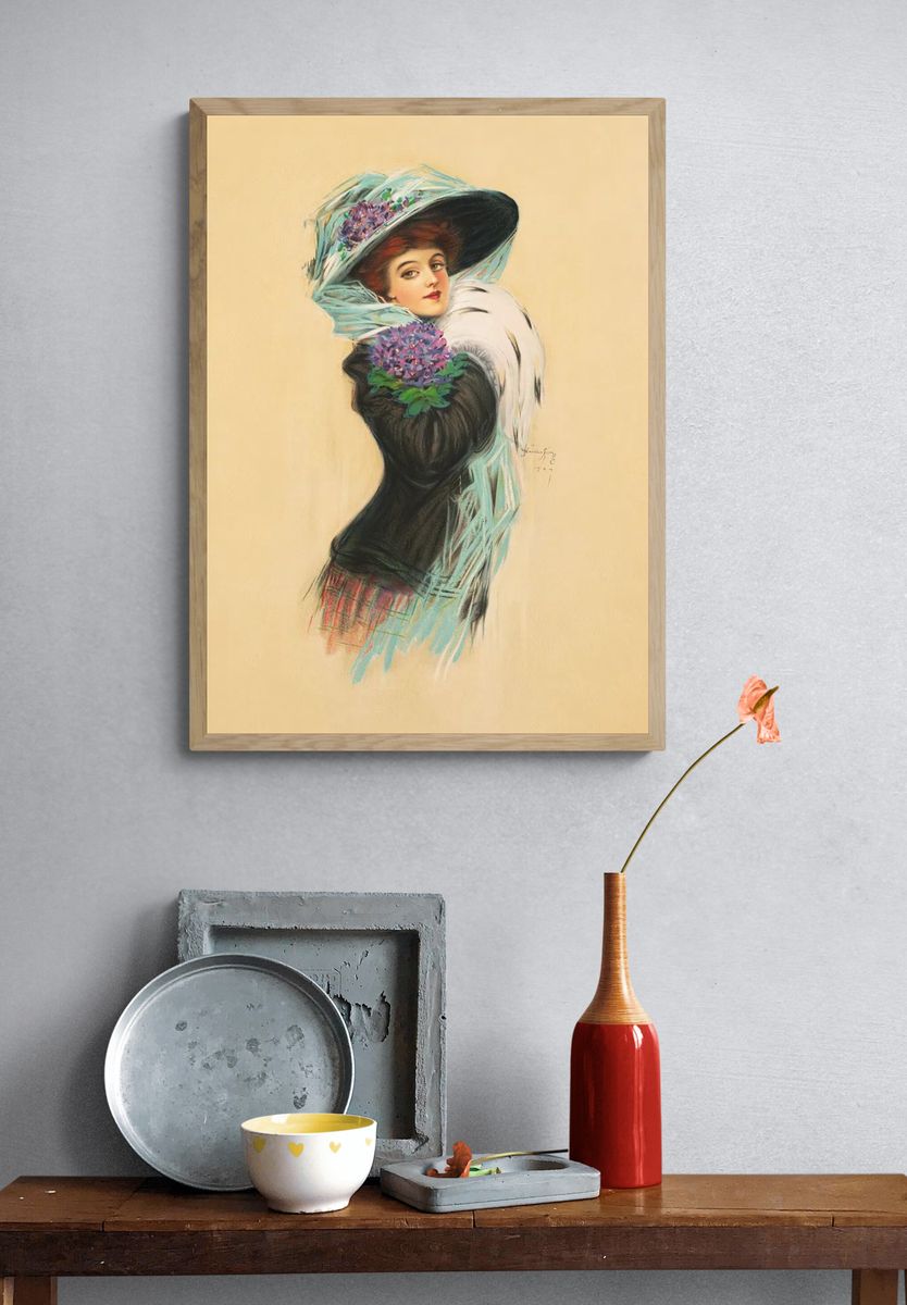 Vintage Lady with Flowers — Art-Nouveau Print. — room view 3