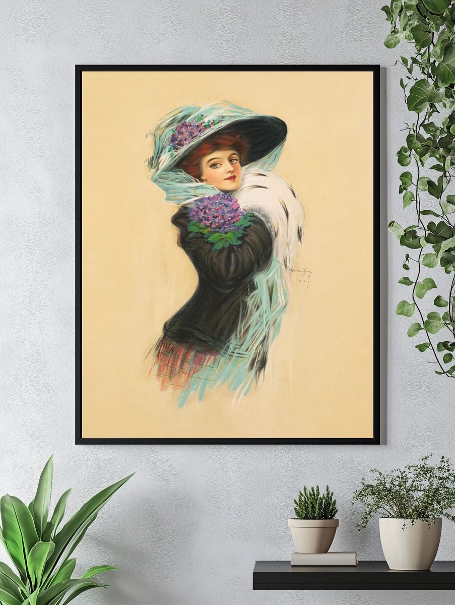 Vintage Lady with Flowers — Art-Nouveau Print. — room view 4