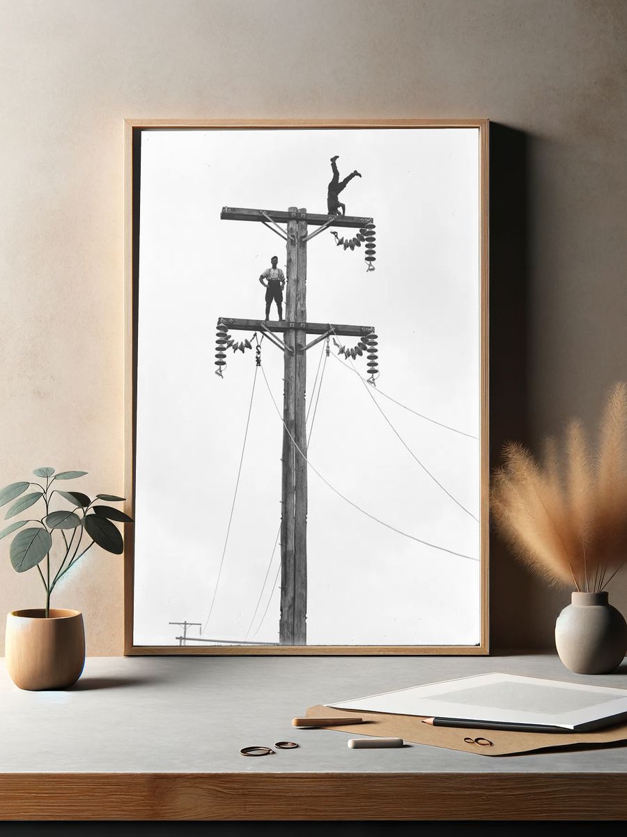 Vintage Linemen at Work — Black-White Print. — room view 2