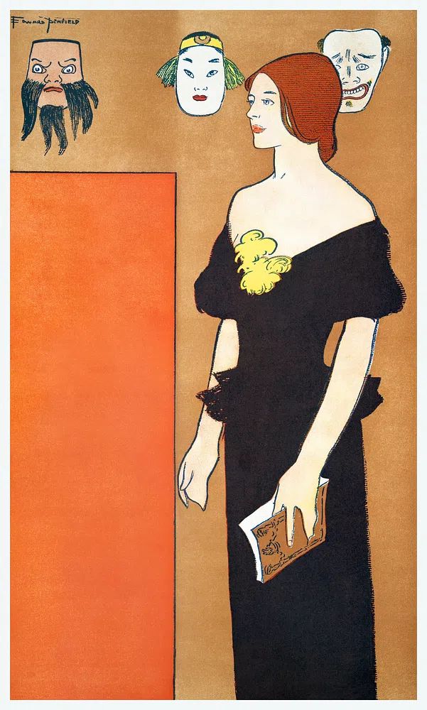 Elegant Woman with Masks — Vintage Print. poster detail