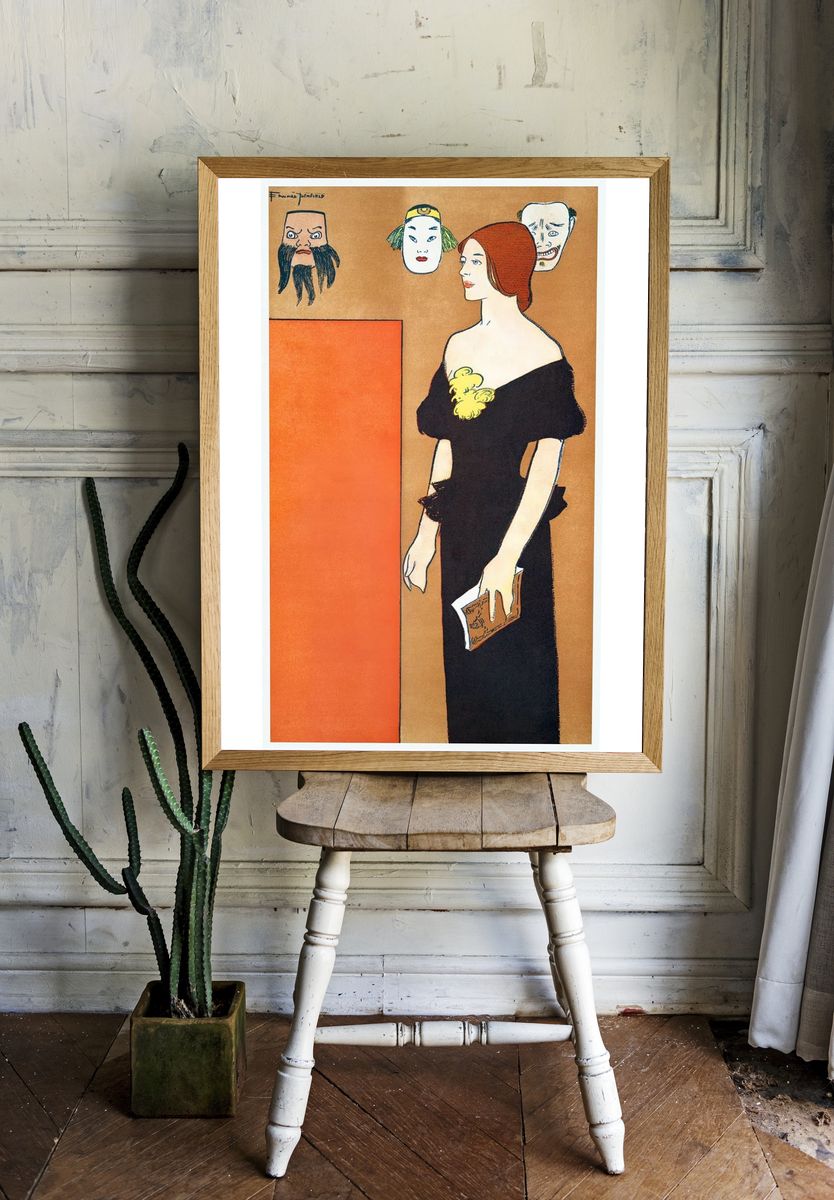 Elegant Woman with Masks — Vintage Print room preview