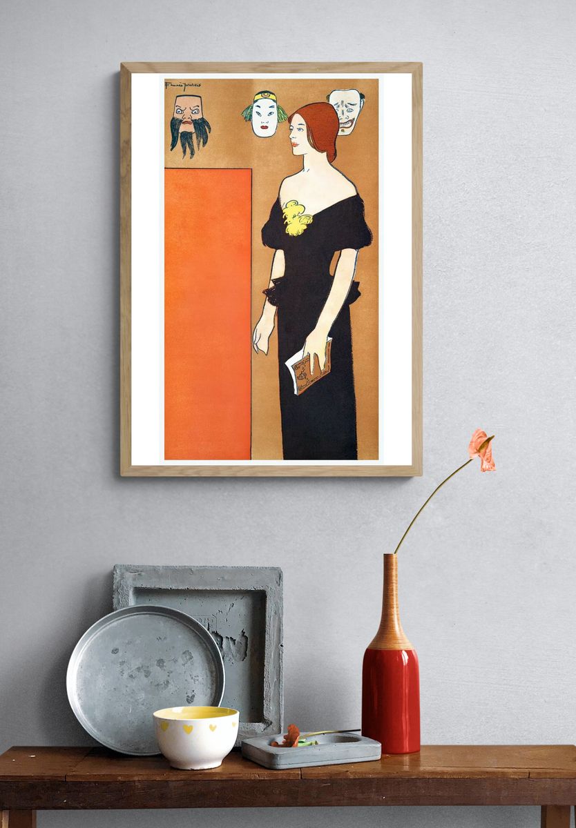 Elegant Woman with Masks — Vintage Print. — room view 3