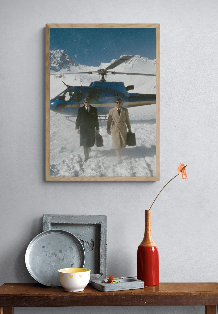Stylish Men in Snow — Vintage Print. — room view 3
