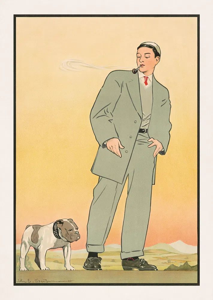Stylish Man with Bulldog — Vintage Print. poster detail