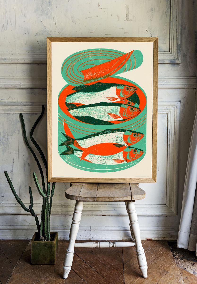 Schooling Fish Vintage Print. room preview