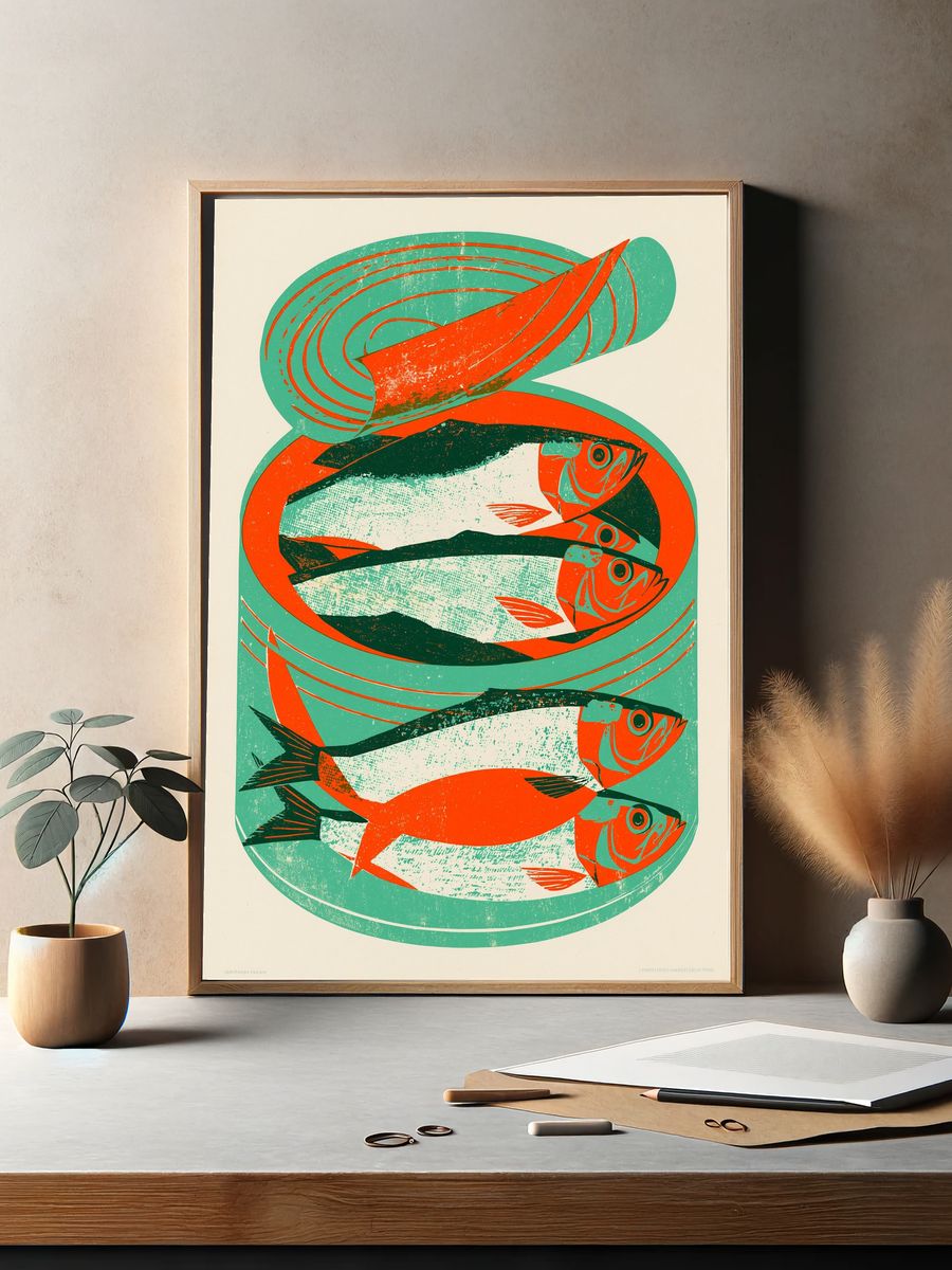 Schooling Fish Vintage Print. — room view 2