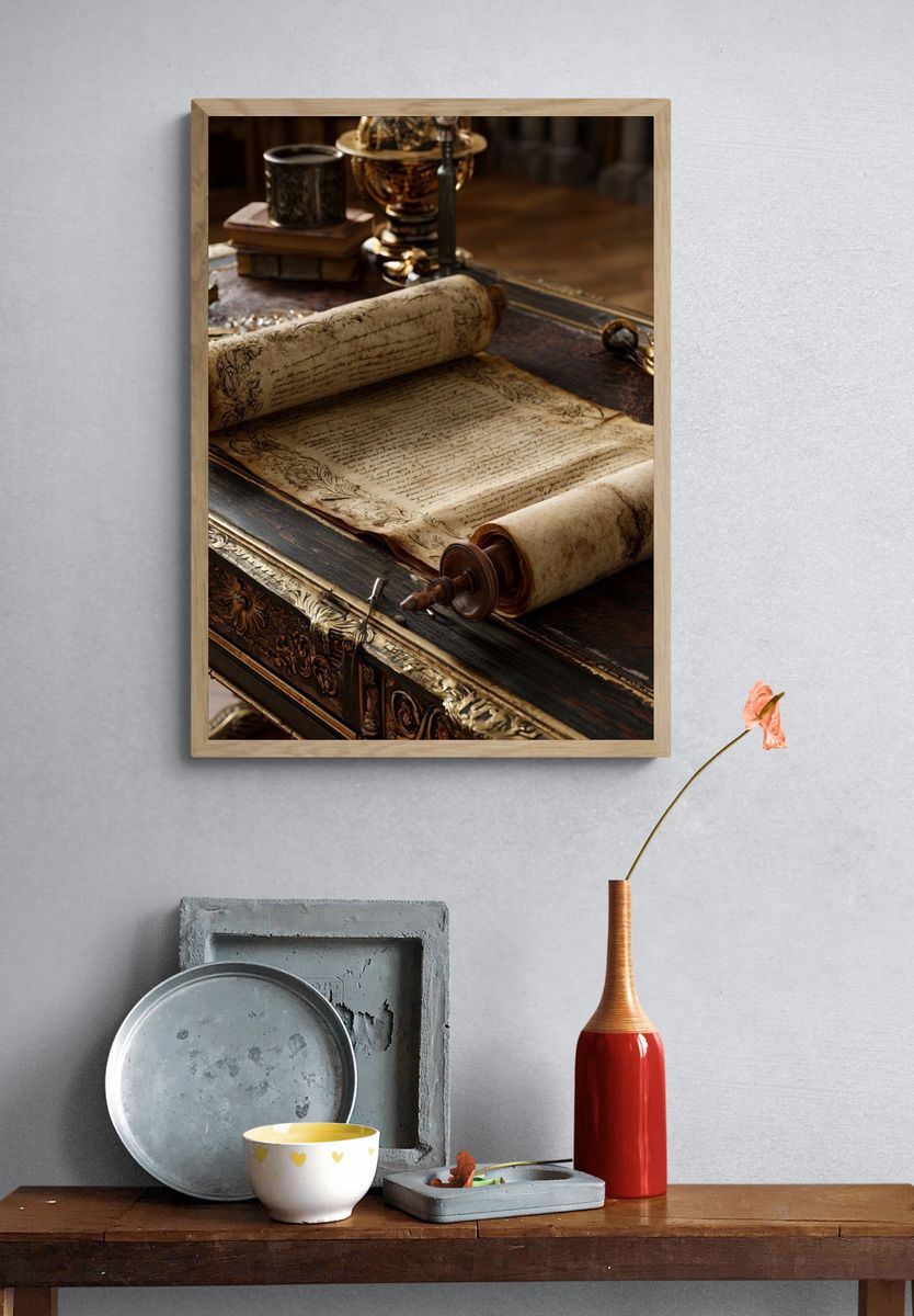 Antique Scroll Still Life Poster. — room view 3