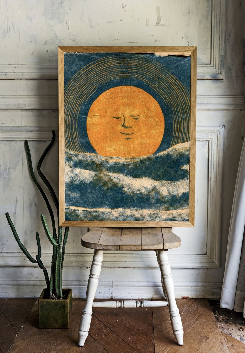 Sun and Waves Vintage Print. room preview