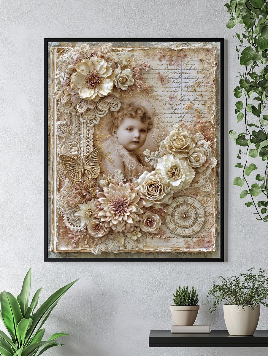 Vintage Cherub Floral Collage Poster. — room view 4
