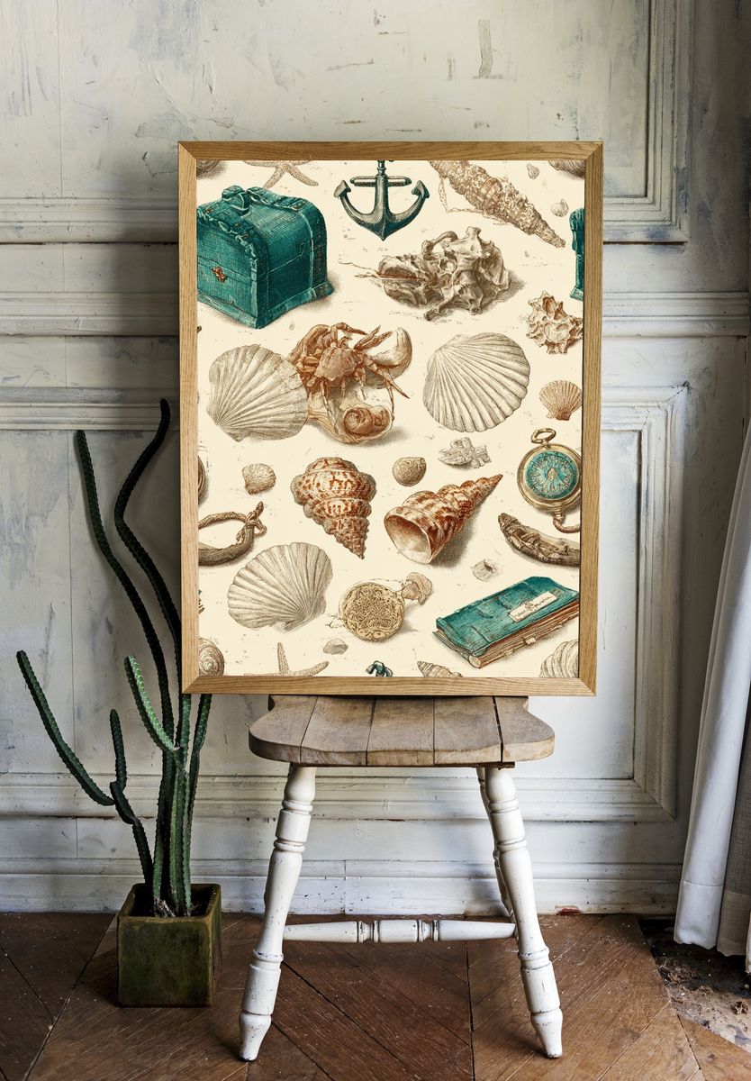 Vintage Nautical Shells and Treasures Poster. — room view 1