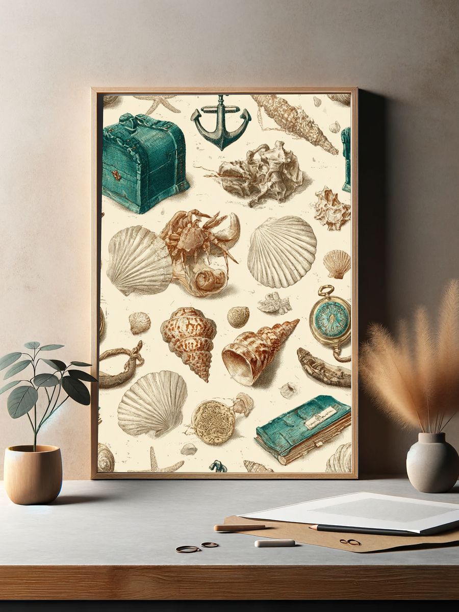 Vintage Nautical Shells and Treasures Poster. — room view 2