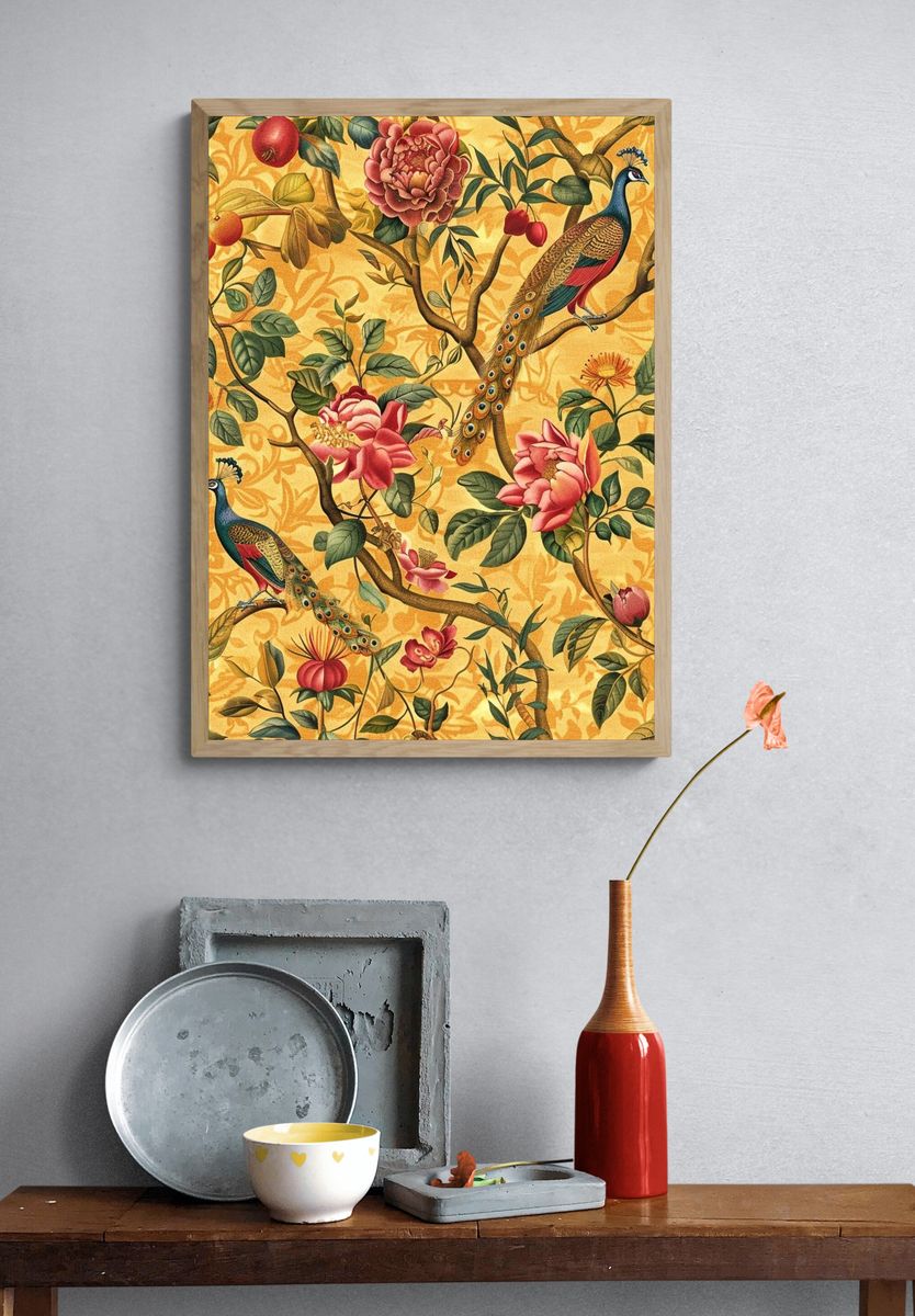 Peacock Garden Vintage Print. — room view 3