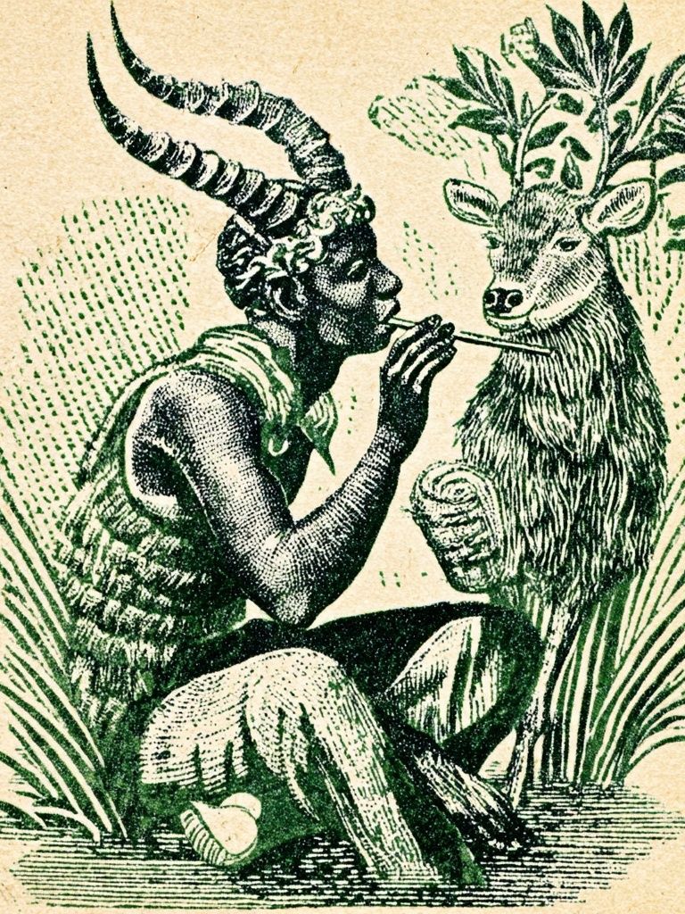 Horned Figure and Deer Vintage Print. poster detail