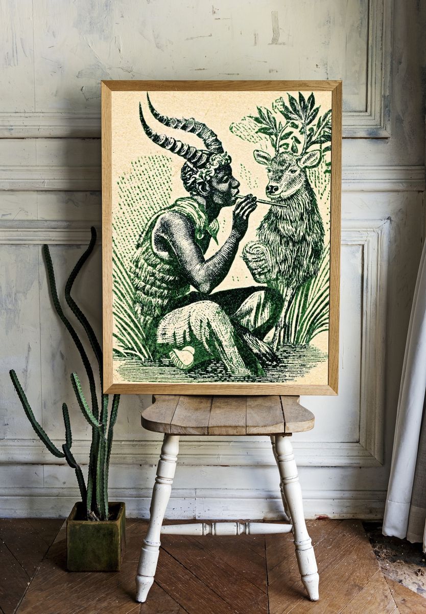 Horned Figure and Deer Vintage Print. — room view 1
