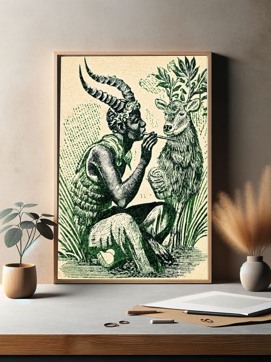 Horned Figure and Deer Vintage Print. — room view 2