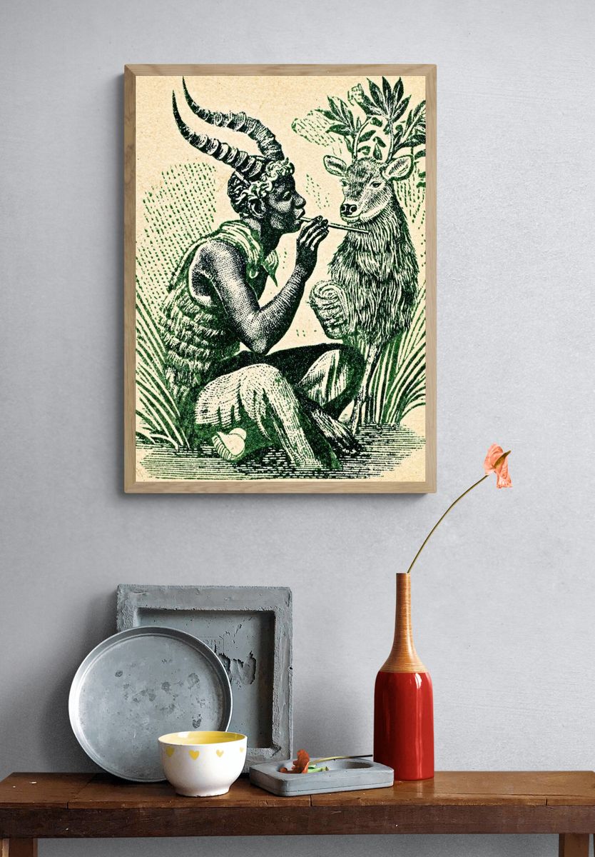 Horned Figure and Deer Vintage Print. — room view 3