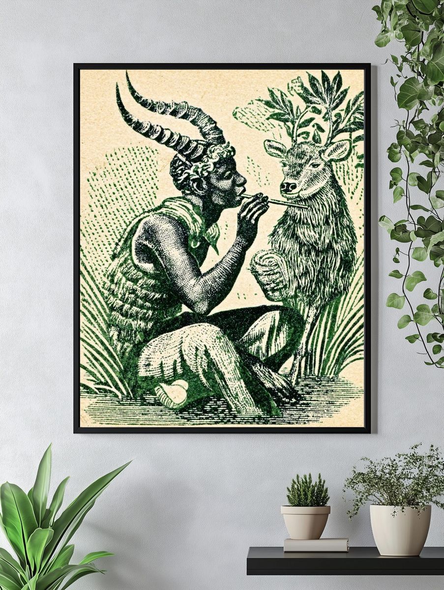 Horned Figure and Deer Vintage Print. — room view 4