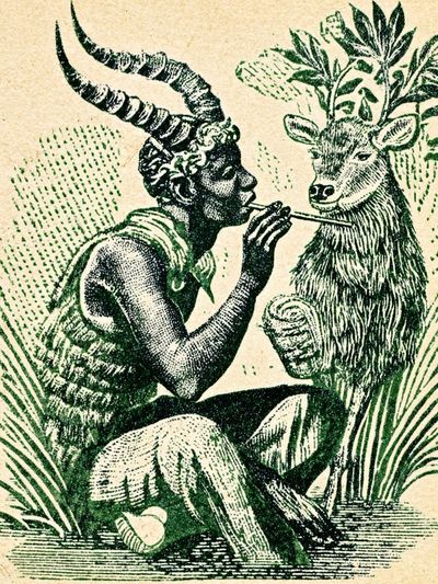 Horned Figure and Deer Vintage Print.
