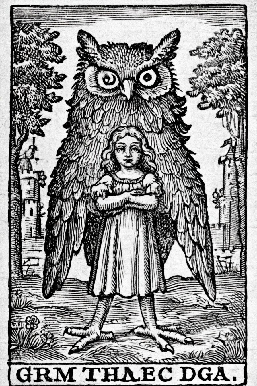 Owl and Girl Woodcut Poster. poster detail