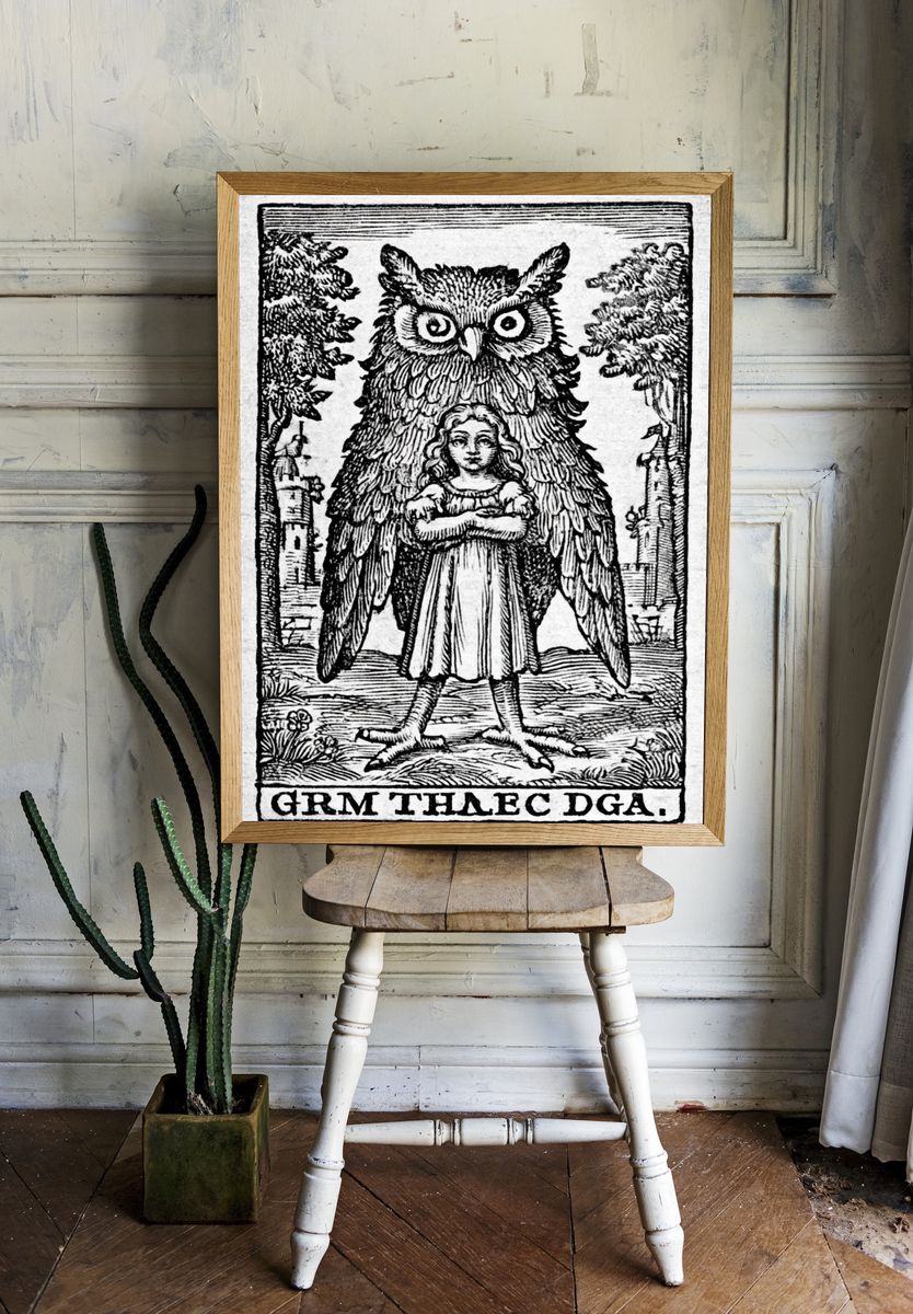 Owl and Girl Woodcut Poster. room preview