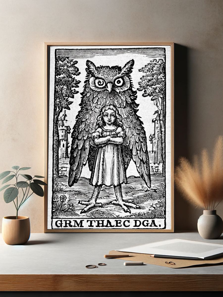 Owl and Girl Woodcut Poster. — room view 2