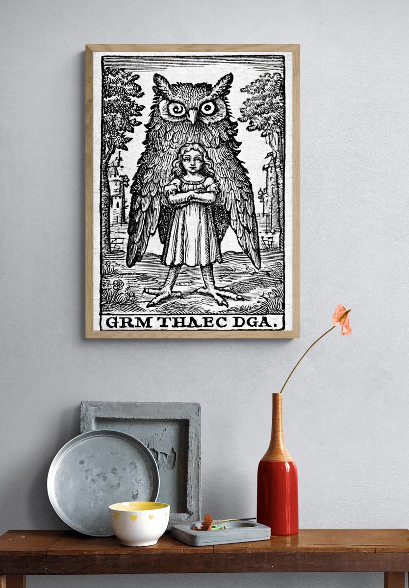 Owl and Girl Woodcut Poster. — room view 3