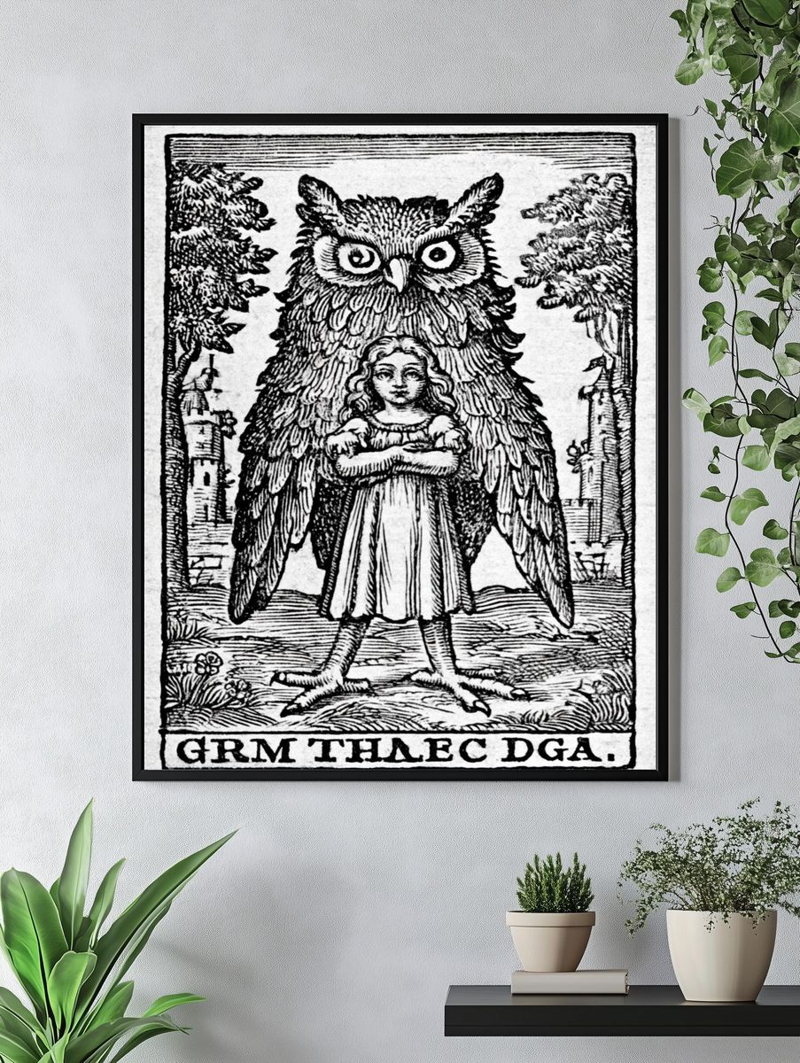 Owl and Girl Woodcut Poster. — room view 4