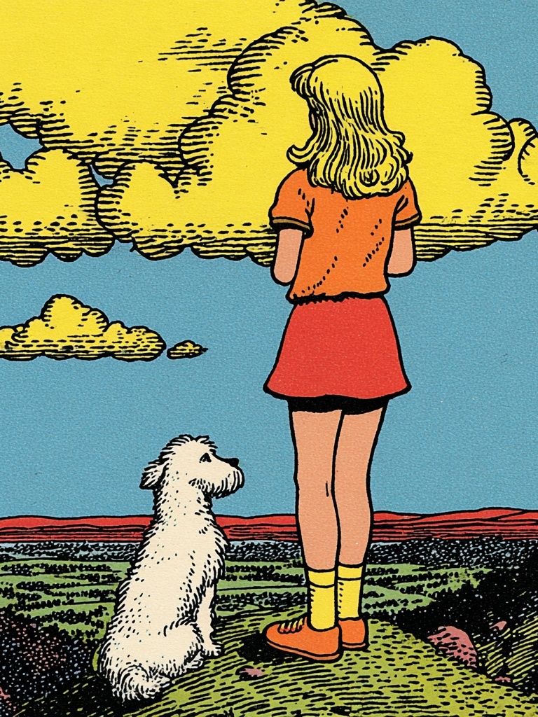 Girl and Dog in Nature — Vintage Print. poster — vintage art
