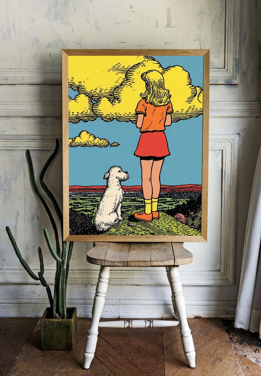 Girl and Dog in Nature — Vintage Print. room preview